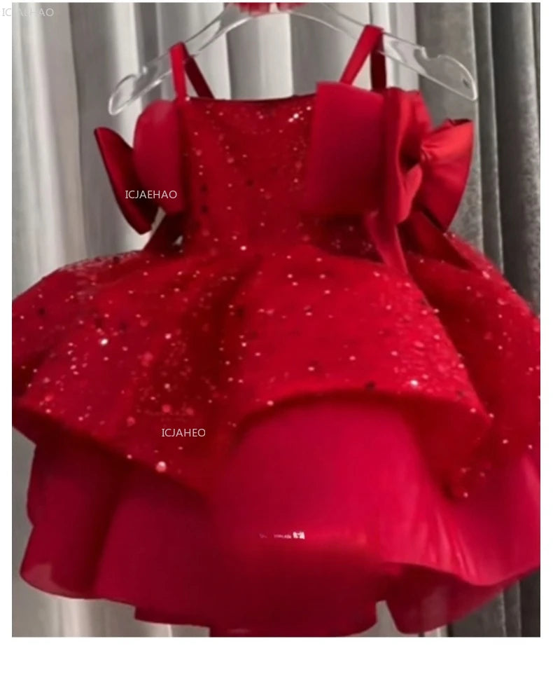 New Children Girls Red Sequin Party Dress Puffy Tulle Princess Gown for Kids Birthday Christmas Celebration Pageant Formal Wear