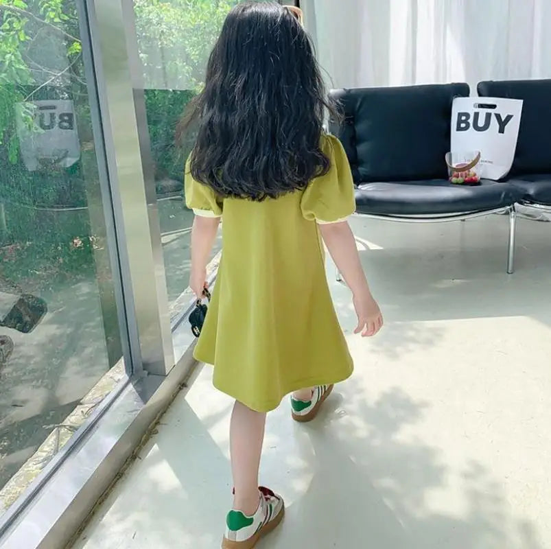 2025 New Children's Dress Girls' Summer Korean Edition Fashion Casual Striped Collar Short sleeved Dress1-10Y