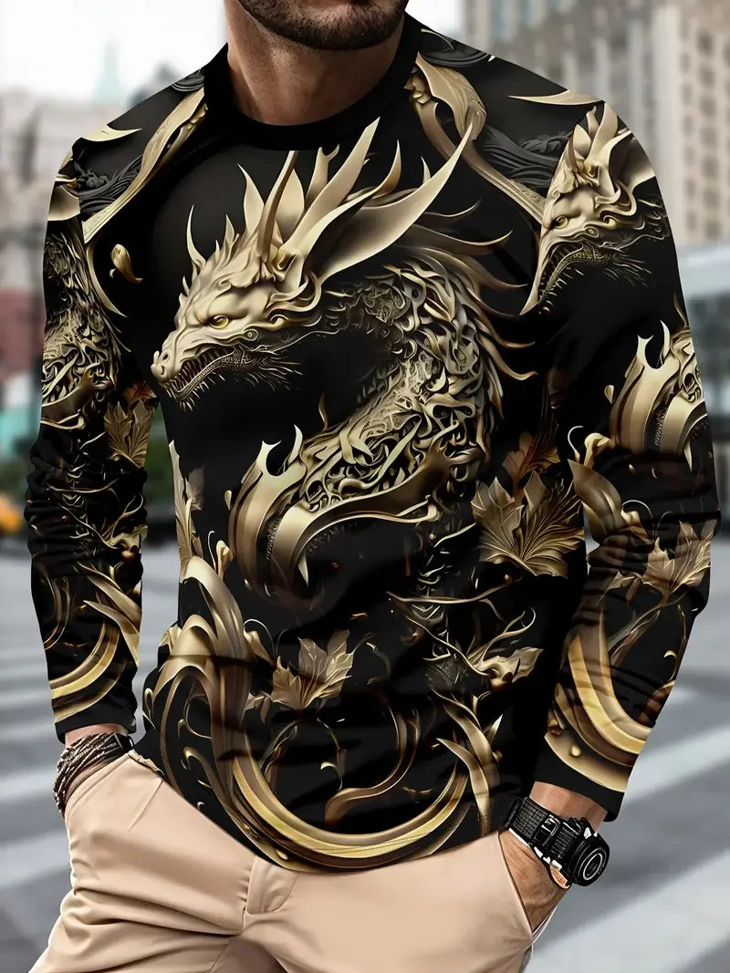 Vintage Men's Long Sleeve T-shirt 3D Golden Dragon Printed t shirts Harajuku Oversized Tops Casual Men's Outdoor Jogging T-Shirt