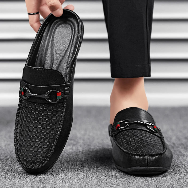 Large Size Mules Men Half Shoes For Man Slippers Leather Mens Semi-Drag Casual Shoes Backless Loafers Male Slides Flats Sandals