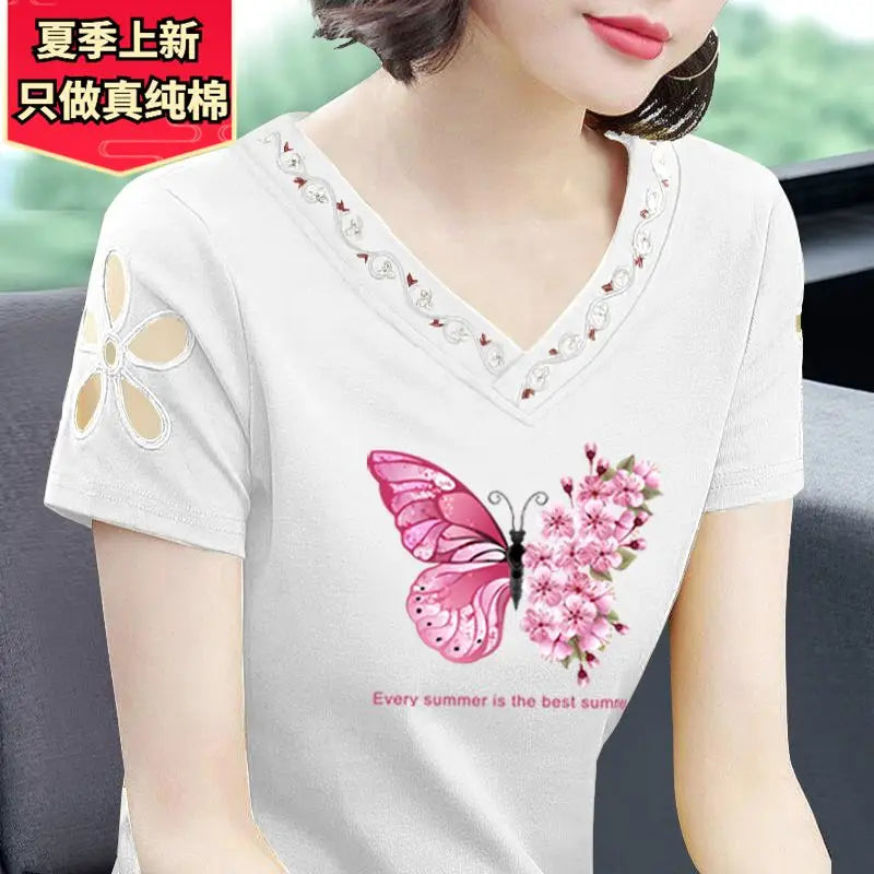 Simplicity Office Lady Summer New Pure Cotton Women's Solid V-Neck Embroidered Fashion Casual Loose Short Sleeve T-Shirts Tops