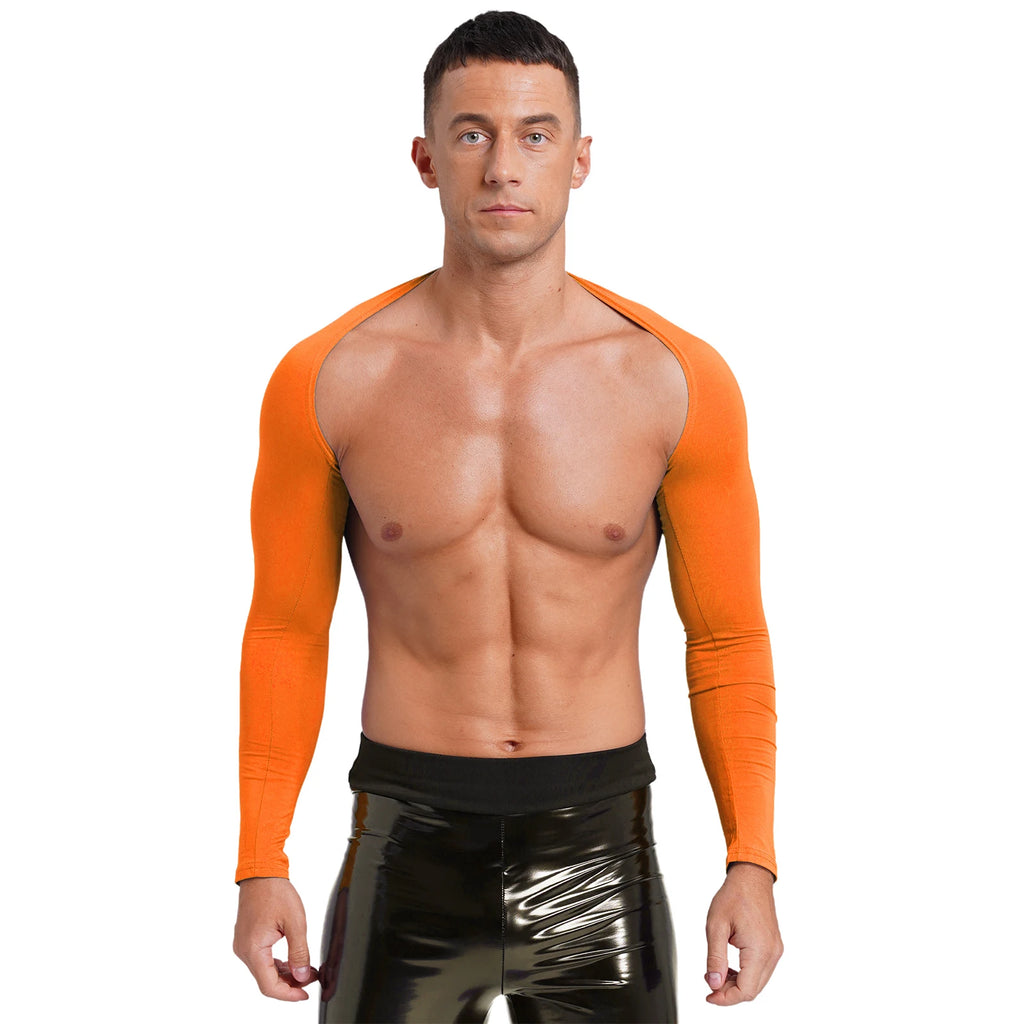 Men Open Front Half Crop Top Solid Long Sleeve Cardigan Bolero Shrug Tops Muscle Arm Sleeves Workout Sports Gym Tops Clubwear