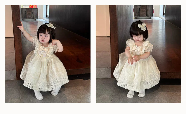 Girls' French Lolita Princess Dress, New Summer Style One-Year-Old Dress, White Cute Little Girl's Beautiful Short-Sleeved Dress