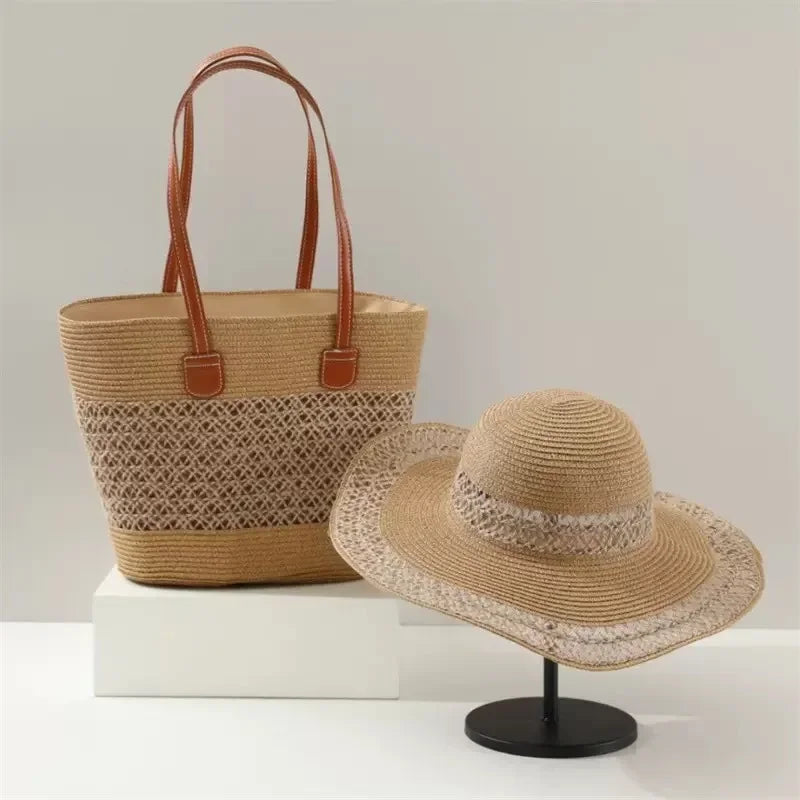 Large Capacity Straw Woven Bag And Hat Set for Outdoor Travel Face Slimming Wide Brim Sunshade Tote Bag Trendy Bucket Handbag