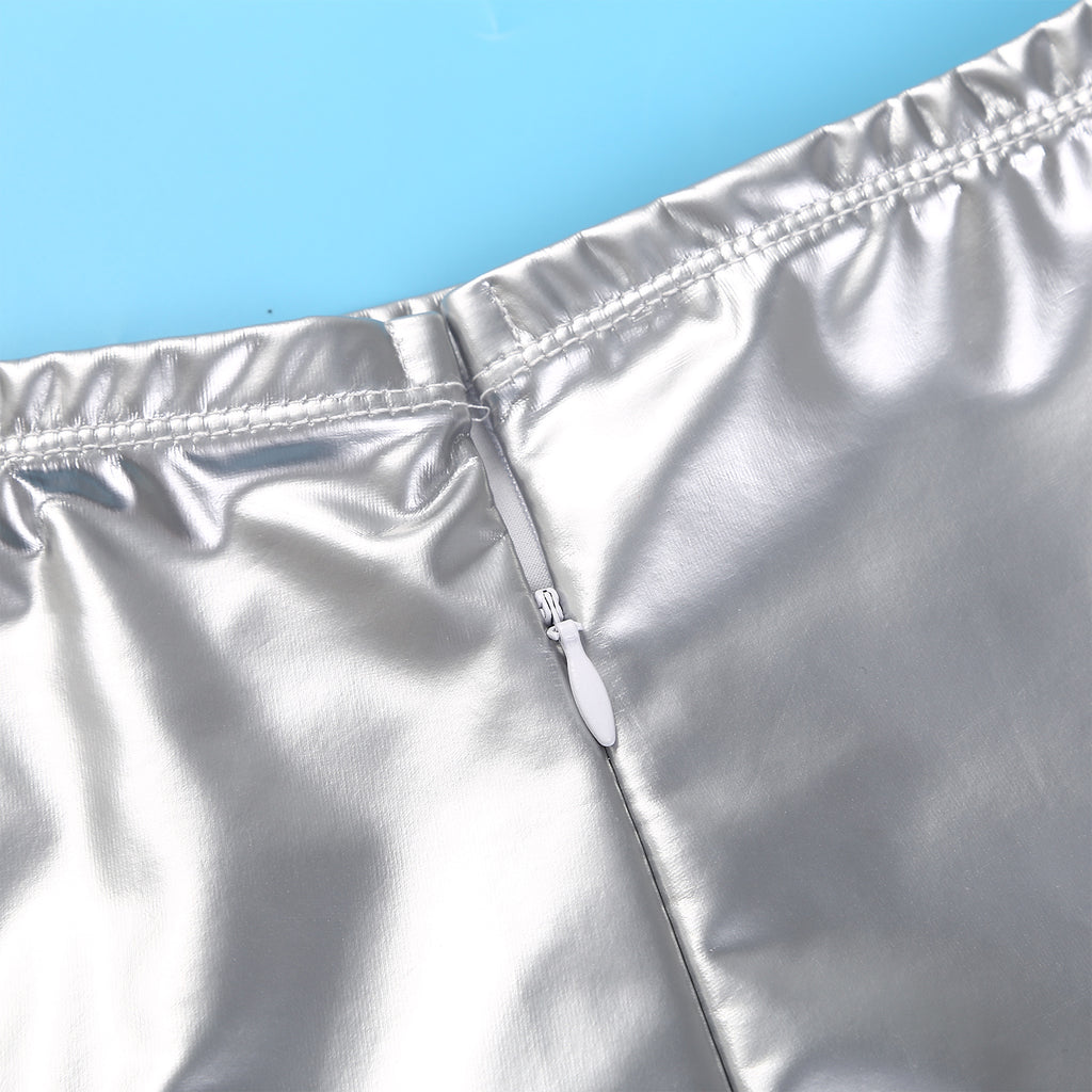 Sexy Damen Wetlook PVC Leder Rüschenröcke Party Low Waist Eingebaute Strings Minirock mit Strumpfhalter Metallclips Set Club