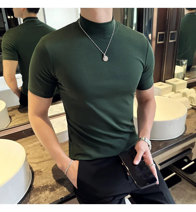 Spring Summer Men's Half High Neck Short Sleeve T-shirt Korean Slim Fit Solid Color Bottom Shirt Casual Cotton Elastic T-shirts