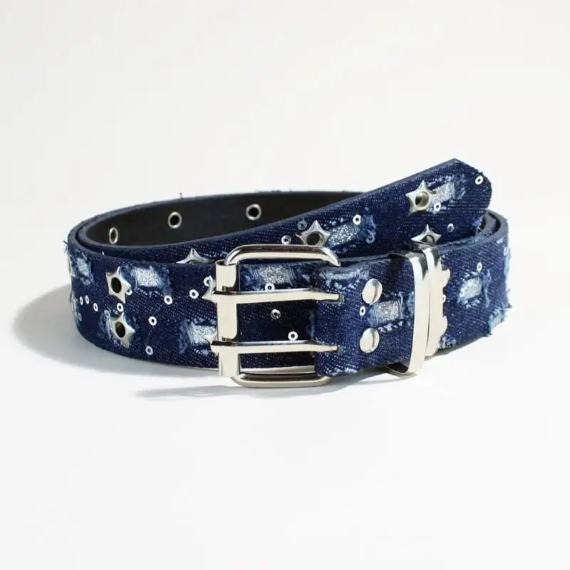 New Luxury Punk Belt Blue Denim Girdle HipHop Star Hollowed Pin Buckle Waistband For Men Women Fashion Accessories