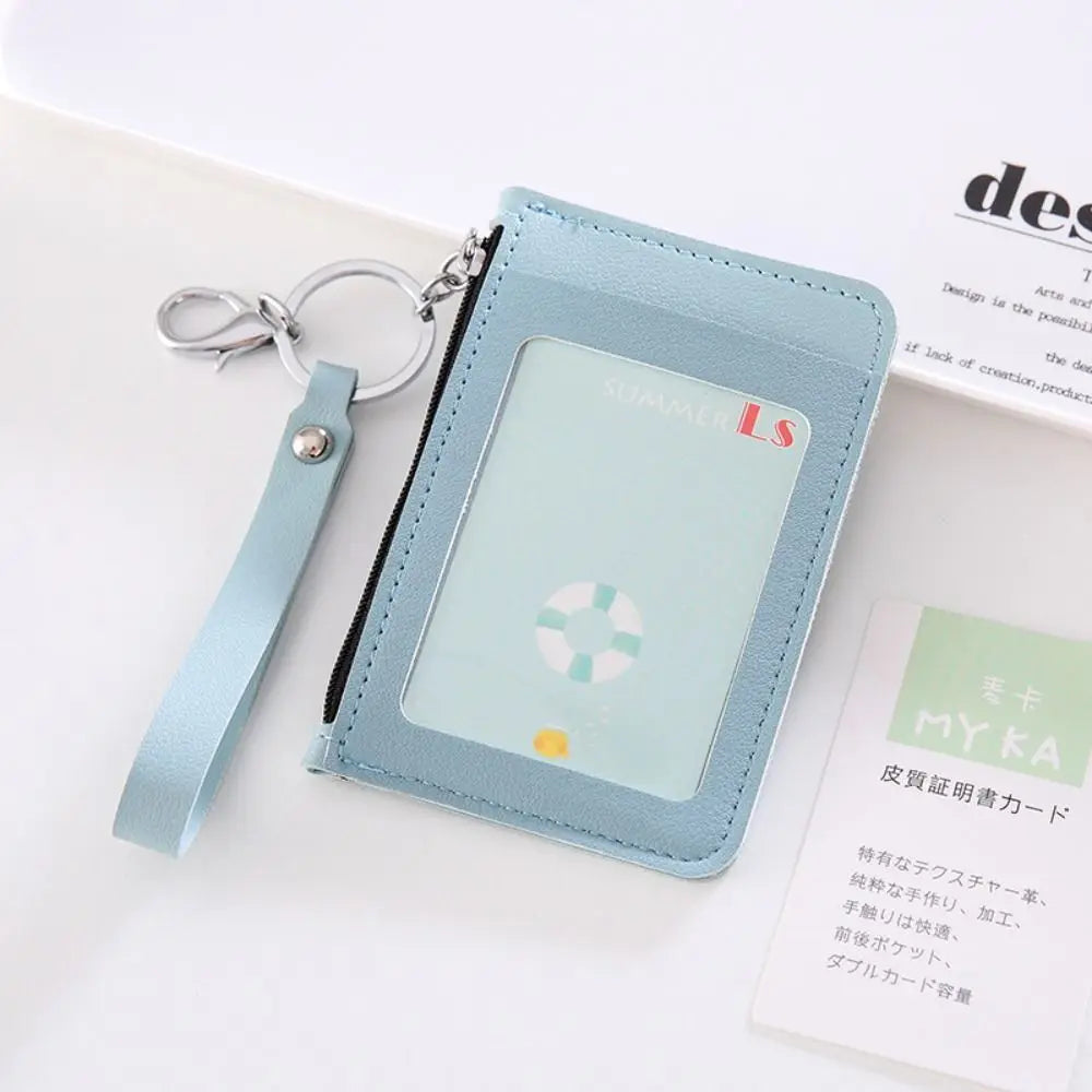 PU Leather Zipper Card Cover Bag ID Tag Bus Pass Card Cover Case Coin Purse Business Card Case with Hand Rope