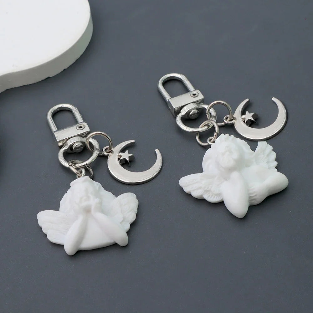Creative Vintage White Angel Keychain For Women Girl Cute Star Moon Key Chain Car Key Ring Holder Trinket Bag Charms Jewelry