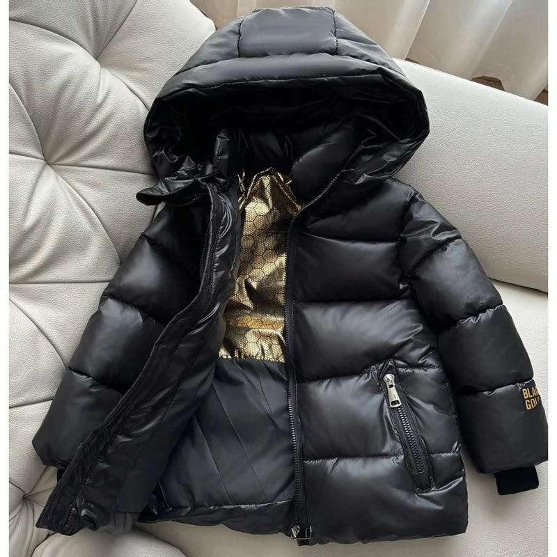 3-8 Years Girls Cotton Jacket 2025 Winter New Black Thick Warm Hooded Zipper Windbreaker Coat For Boys Cold-proof Down Snowsuit