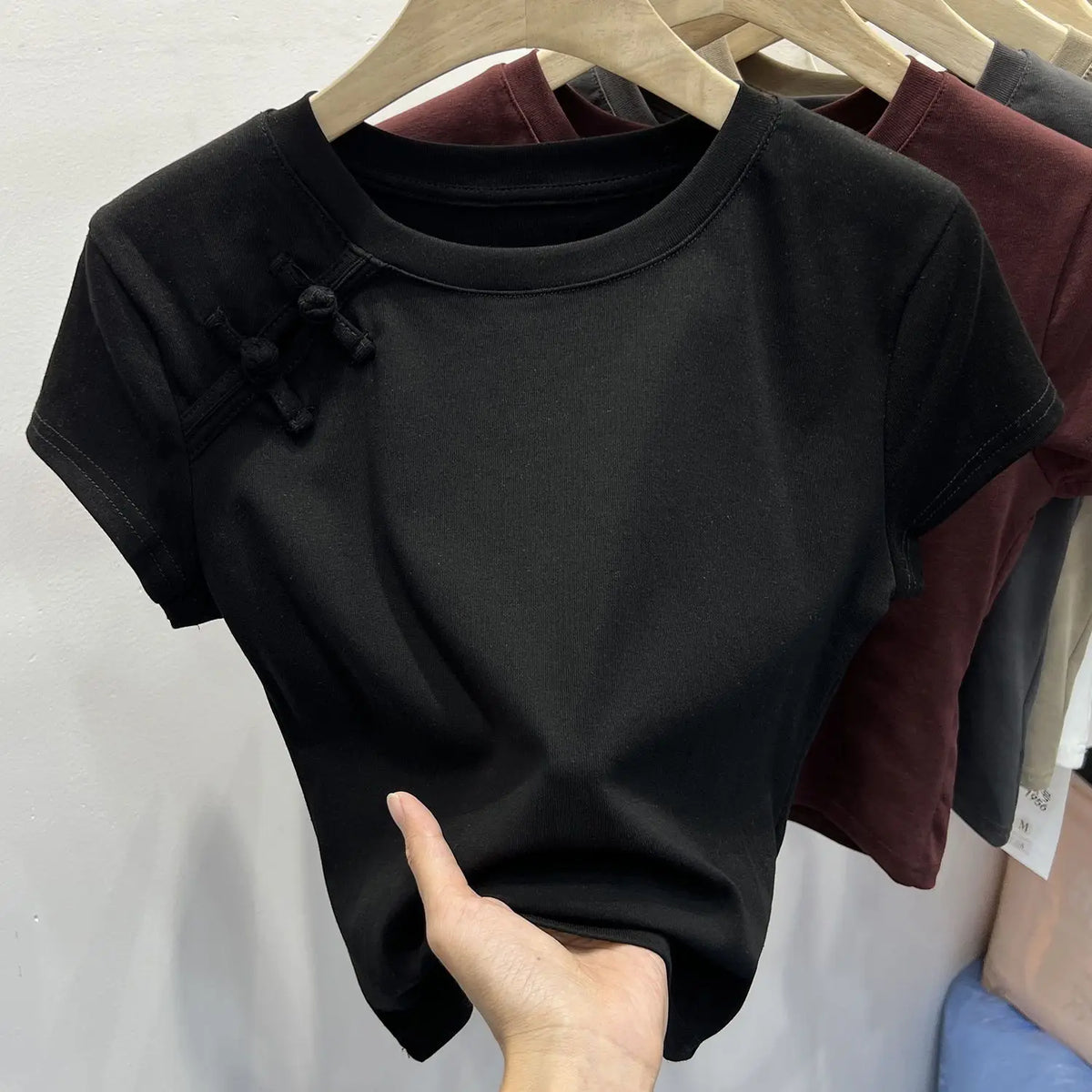 Chinese Style Summer T-shirts Women Crop Tops O-neck Gentle Buttons Soft Irregular Designed Short-sleeve Chic Pure College Retro