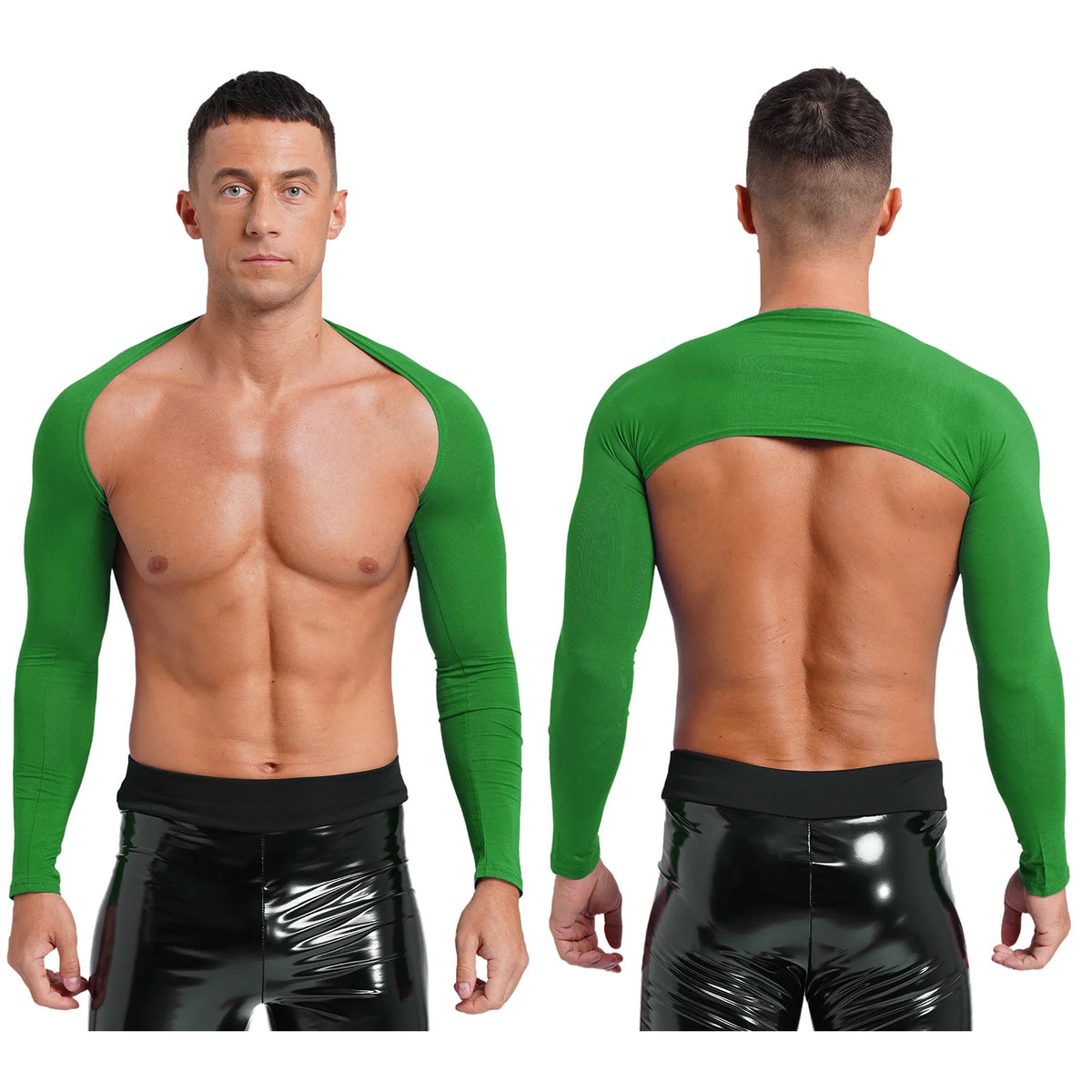 Men Open Front Half Crop Top Solid Long Sleeve Cardigan Bolero Shrug Tops Muscle Arm Sleeves Workout Sports Gym Tops Clubwear