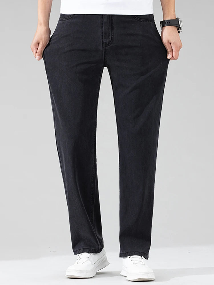 Lyocell Men's Black Jeans Summer Thin Loose Straight Soft Ice Silk Casual business Denim Pants male Elastic Wide Trousers