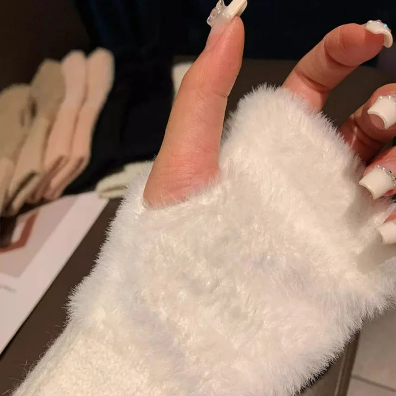 Thermal Fingerless Gloves Women Winter Freeze-proofing Breathable Plush Glove Outdoor Cycling Cold Proof Warm Half Finger Gloves