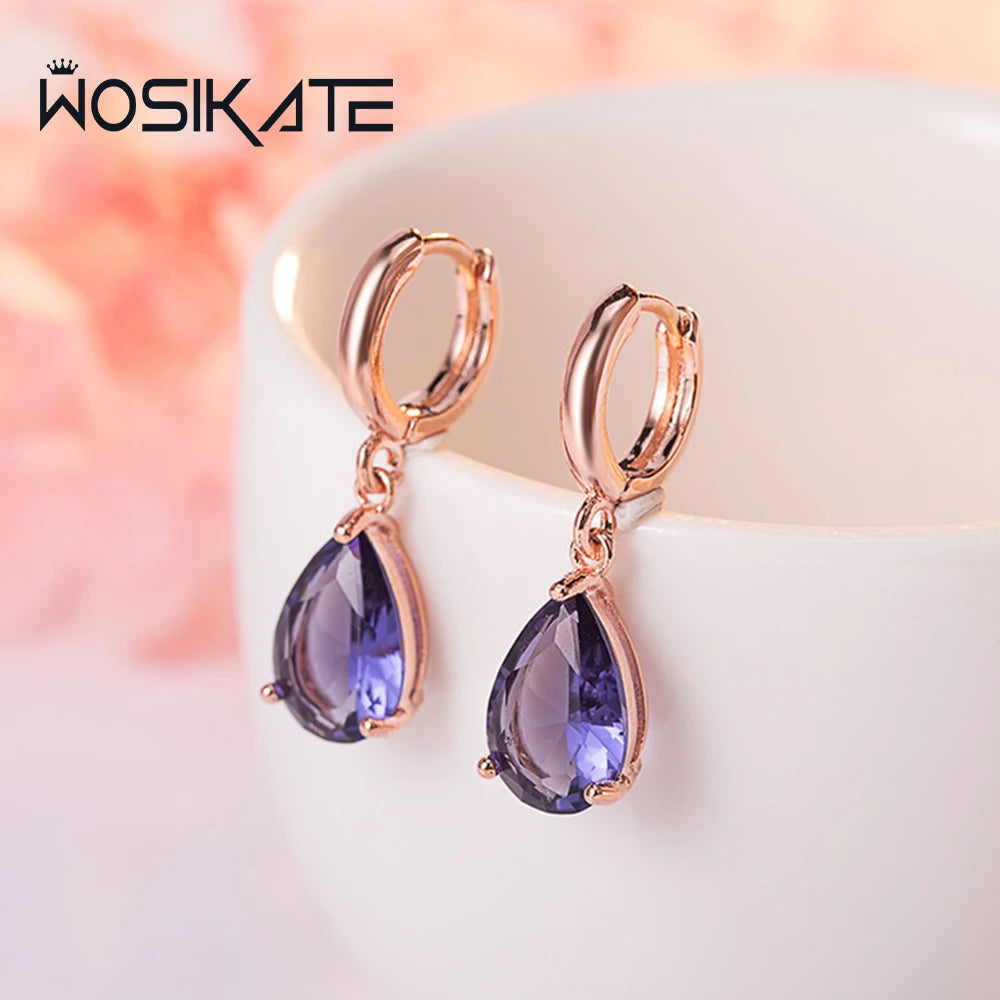 WOSIKATE Vintage Water Drop Shape Amethyst Earrings For Women 925 Sterling Silver Rose Gold Plated Drop Earrings Fashion Jewelry