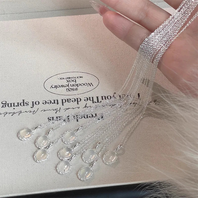 925 Sterling Silver White Jade Necklace Women's New Fashion Sweet Collarbone Chain Oval Pendant Simple Temperament Jewelry