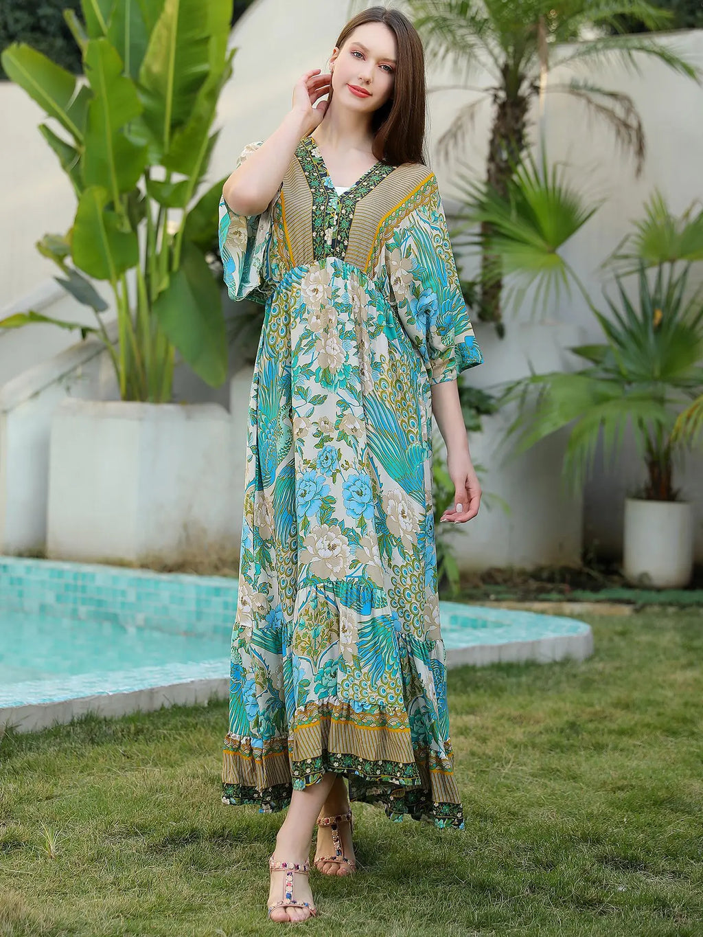 Bohemian Oversize Loose Elastic Waist Maxi Dresses Women Robe Cotton Rayon Floral Printed Long Dress Summer Boho Beach Cover up