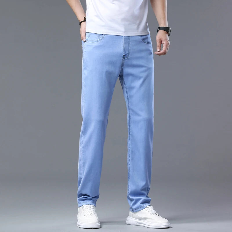 2025 Summer New Men's Light Blue Slim Stretch Jeans Lyocell Thin Style Fashion Casual Ice silk Denim Pants Male Brand Trousers