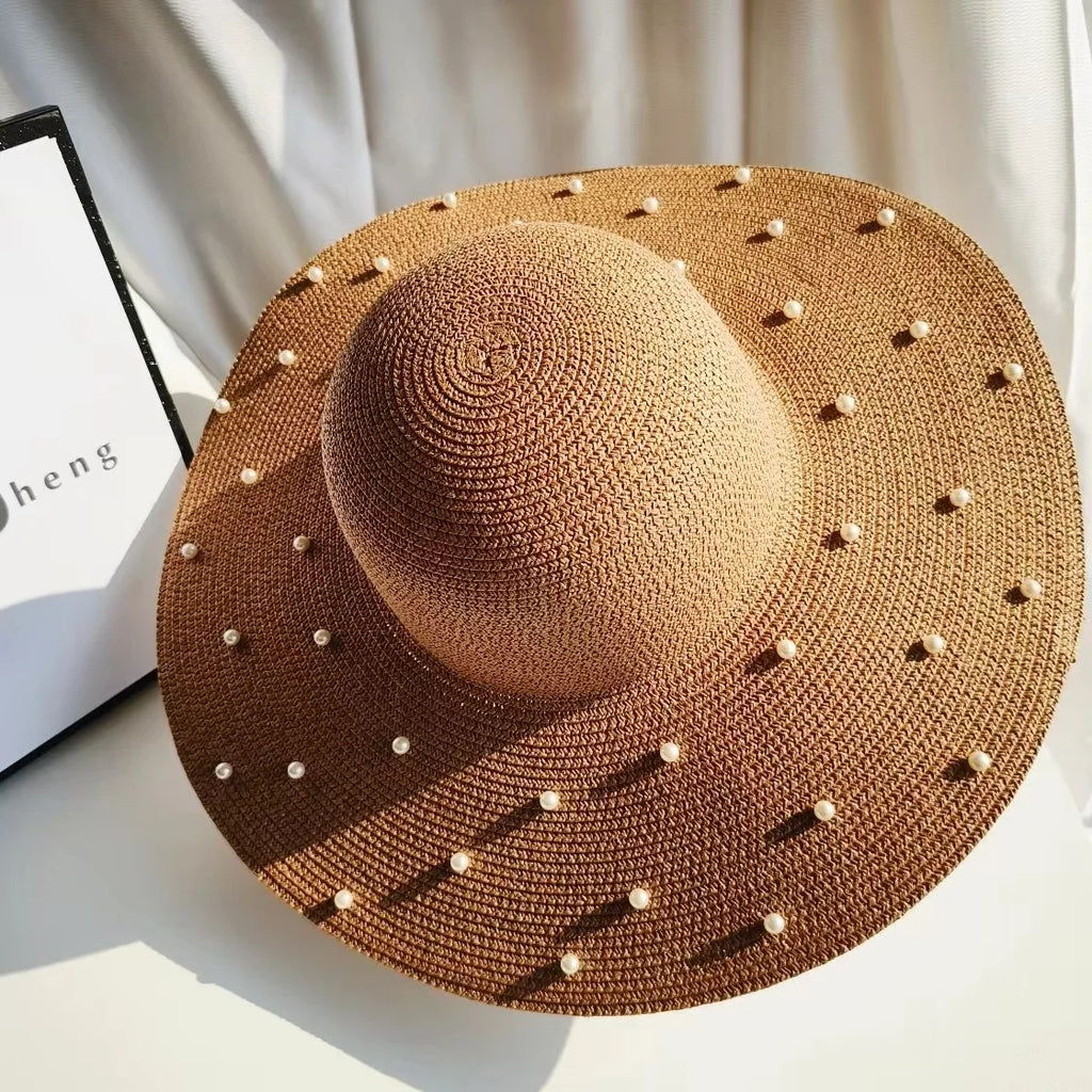 Hand made Pearl Straw Hat For Women's Summer Wide side Jazz Dress Cap Holiday Sun Protection Beach Hats