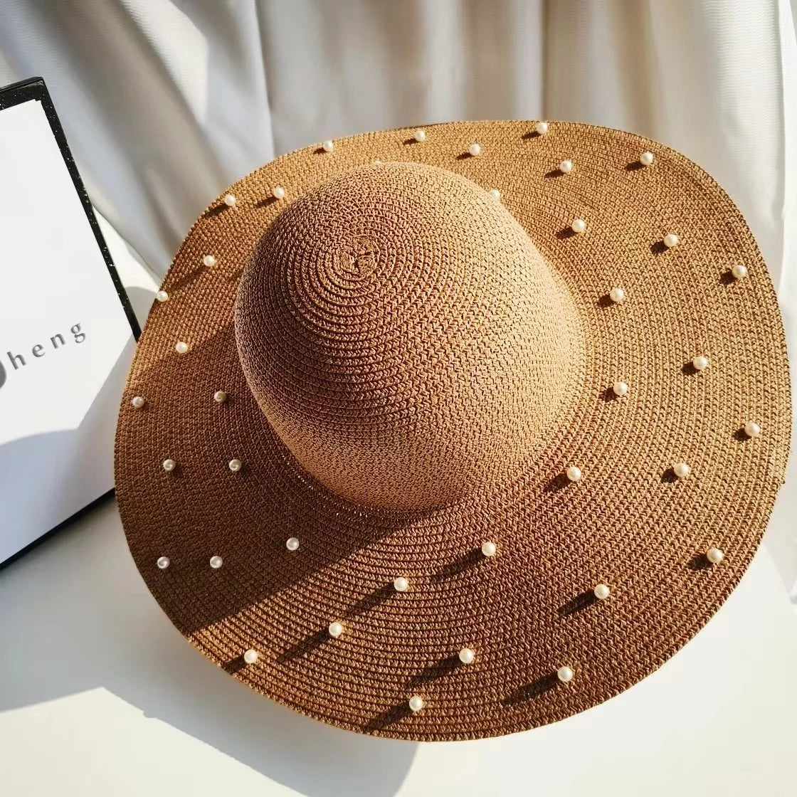 Hand made Pearl Straw Hat For Women's Summer Wide side Jazz Dress Cap Holiday Sun Protection Beach Hats