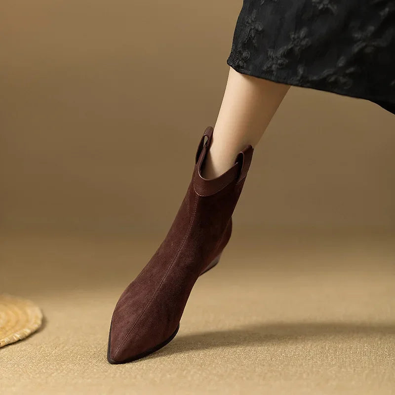 Women's Vintage Chunky Heel Ankle Boots Autumn Winter New Pointy Square Head Suede Back Zipper Soft Sole Non-slip Short Boots