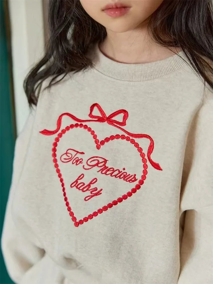 2026 Spring New Children Long Sleeve Clothes Set Baby Girls Heart Embroidery Sweatshirt + Pants 2pcs Suit Kids Sports Outfits