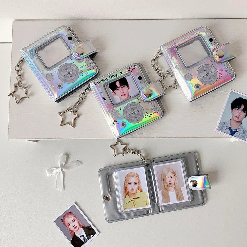 32 Pockets 16 Pages Laser Color Photo Album for 1.4x2.1 Inch Mini Photo Name Card K-pop Star Photocard Album with Keychain