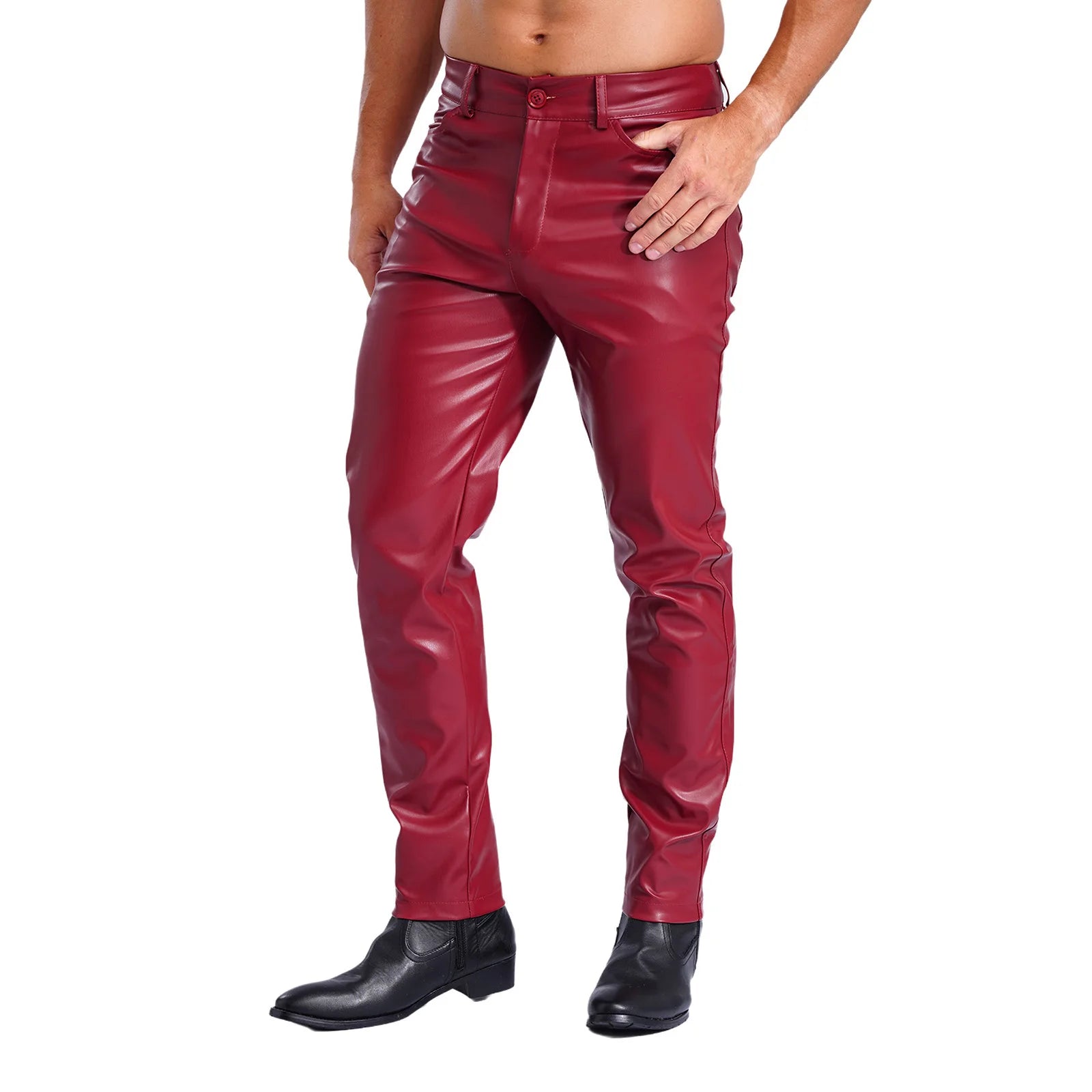Mens Stylish Faux Leather Pants Pockets Halloween Costume Smooth Lining Straight Pants Tights Leggings Music Party Clothings