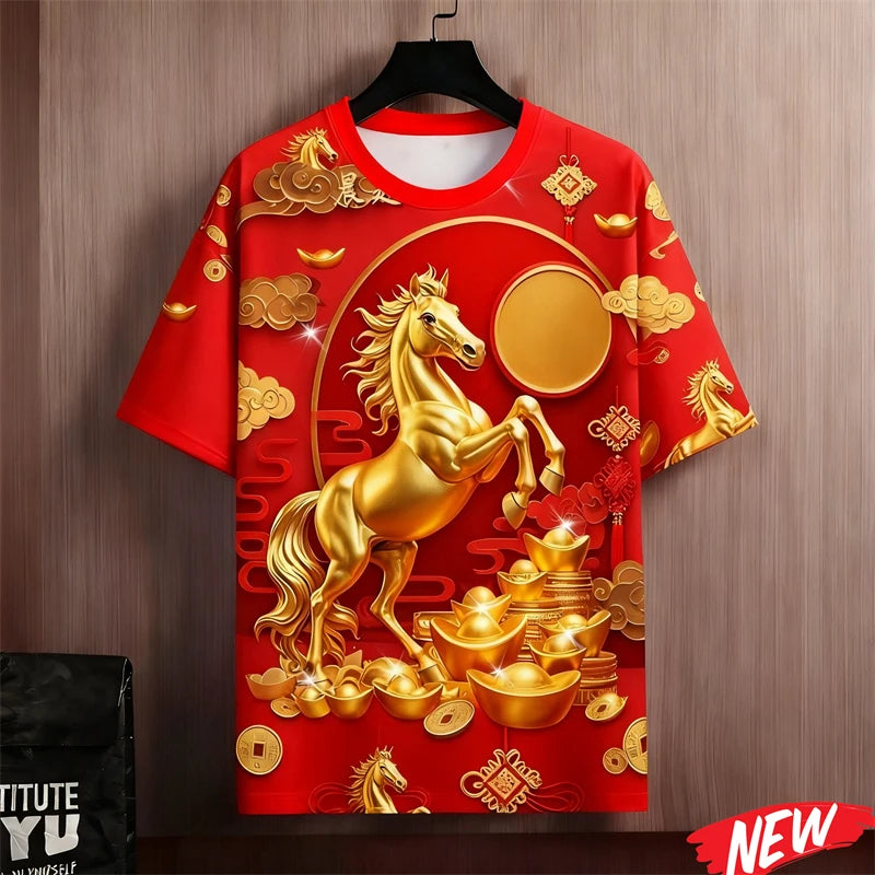 Red Color 2026 New Year T-Shirt Men Clothes Horse Graphic Happy New Year T Shirt Tops Festive Crew Neck Short Sleeve Tee Shirts