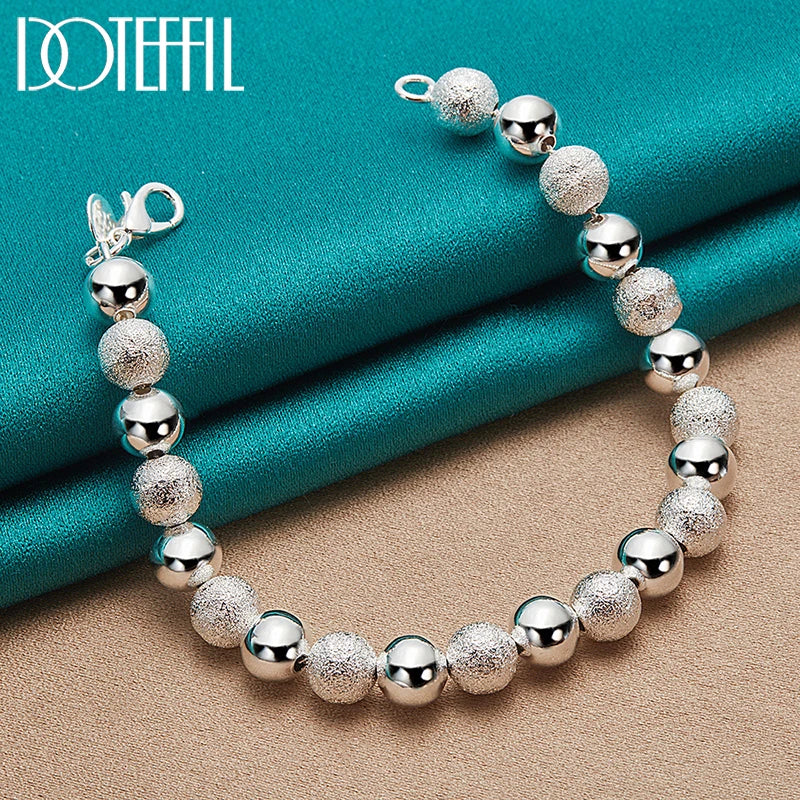 DOTEFFIL 925 Sterling Silver Matte Smooth 8mm Bead Necklace Bracelet Set For Woman Wedding Engagement Fashion Charm Jewelry