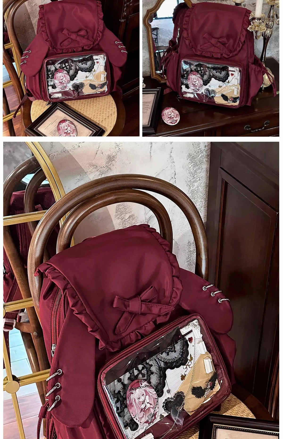 Original Two-dimensional Cute Transparent Large-capacity Backpack Women Sweet Bow Rabbit Ears Bags Preppy Style Kawaii Backpacks