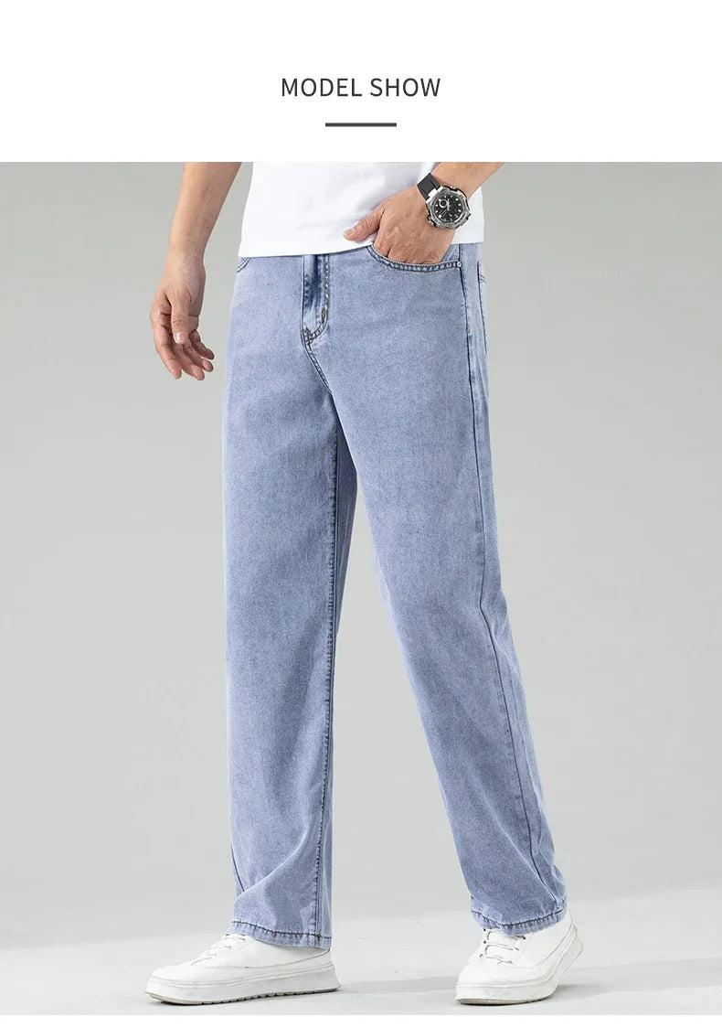 Lyocell Men's Black Jeans Summer Thin Loose Straight Soft Ice Silk Casual business Denim Pants male Elastic Wide Trousers