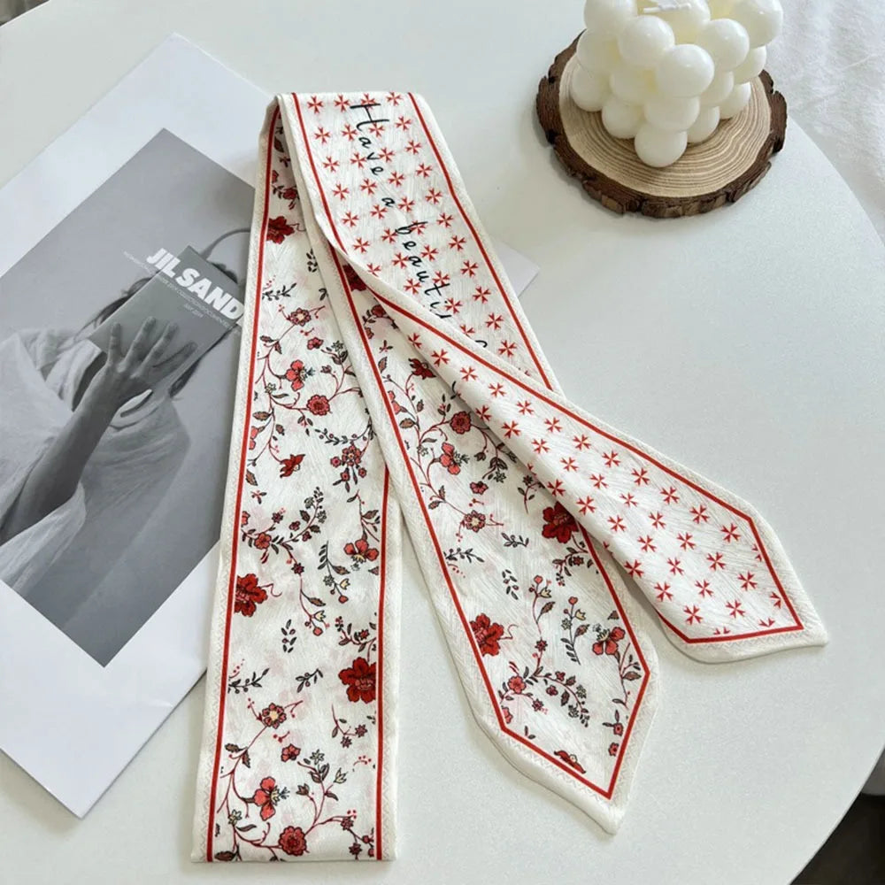 Summer Versatile Satin Silk Ribbon Scarf Fresh Floral Narrow Hair Tie Long Thin Fashion Accessory for Women Bag Strap