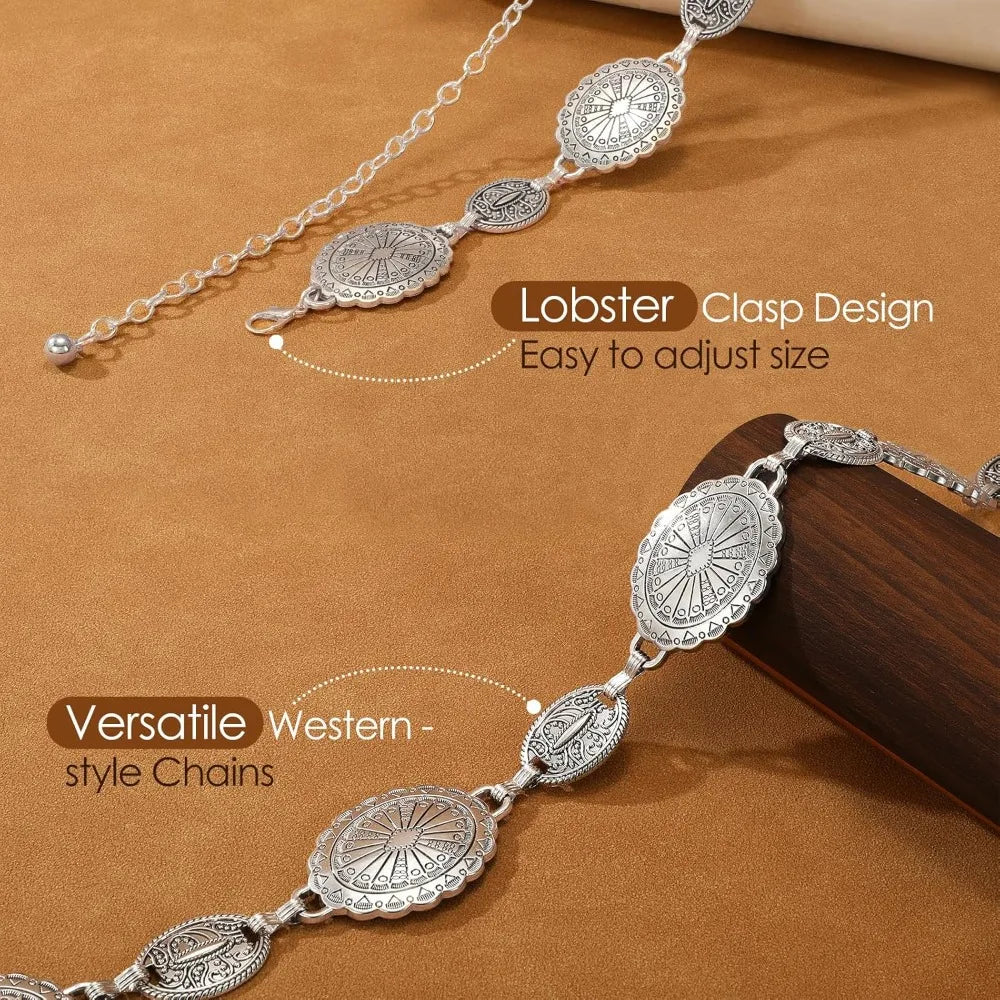 Women Boho Chain Belts for Jeans Dresses Western Silver Concho Waist Chain Belt for Women Adjustable Metal Cowgirl Belt