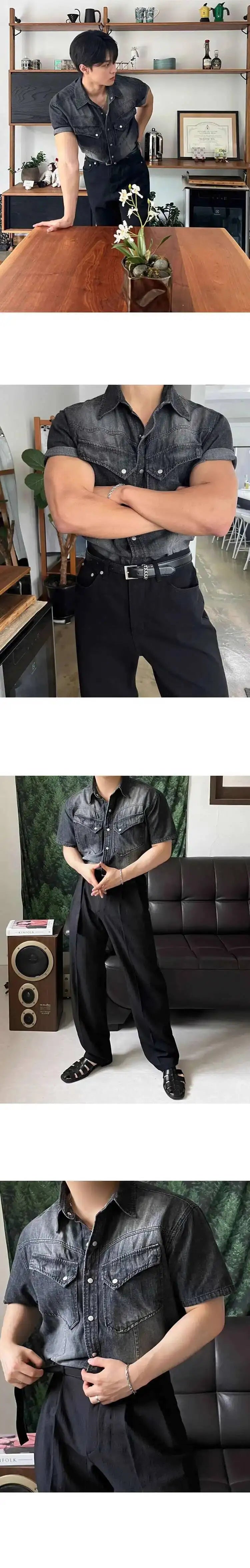 IEFB Niche Design Men's Denim Shirts Turn-down Collar Single Breasted Washing Solid Color Short Sleeved Loose Male Tops 9W2513