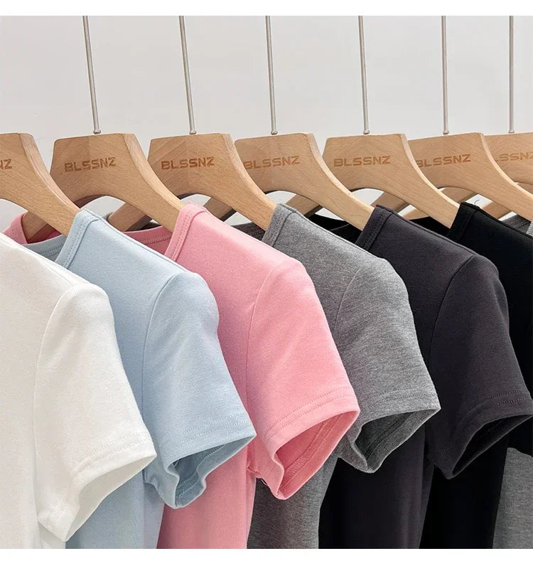 AOSSVIAO 2026 Summer White Cotton O Neck T-shirt Student Short Sleeve Versatile Tops Solid Slim Fit T Shirts Y2k Tee