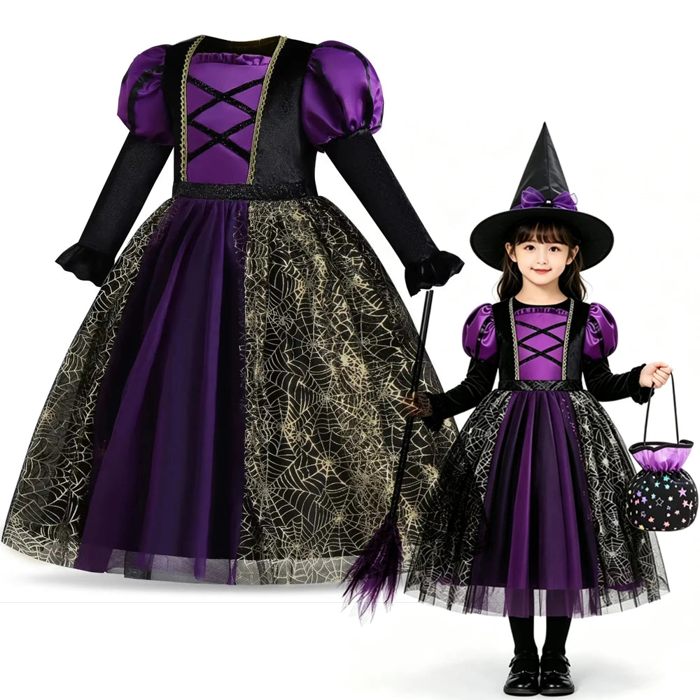 Halloween Costume Witch Cosplay Girls Kids Ghost Gothic Black Dress for Girl Carnival Party Princess Clothing