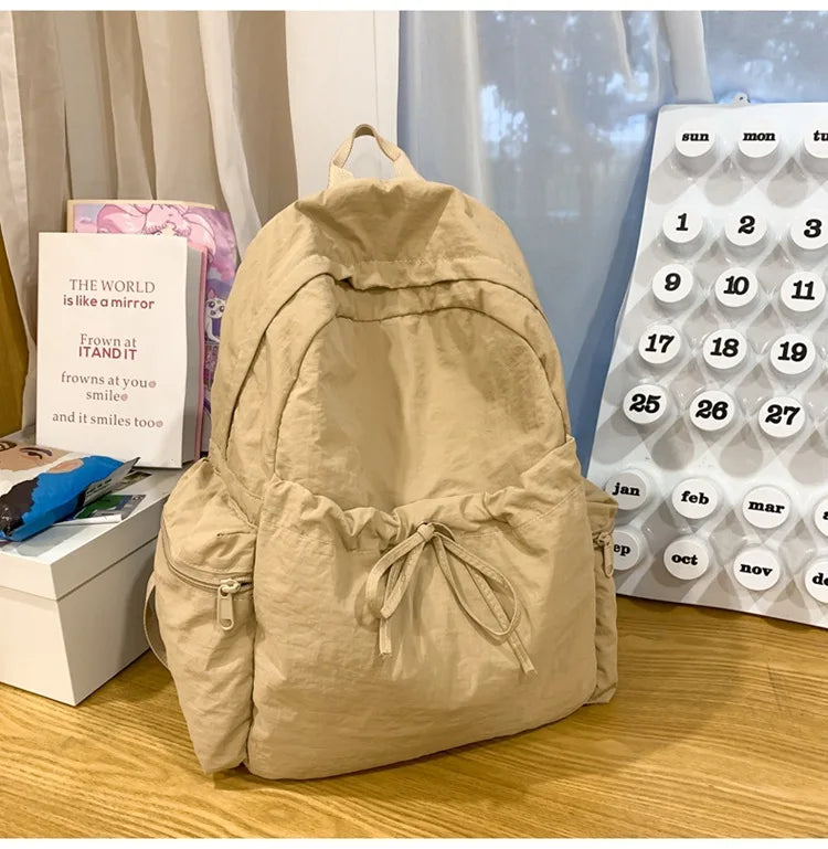 Japanese Style Student Backpack Solid Color Bow Travel School Bag Lightweight and Fashionable Women's Backpack New Simple Casual