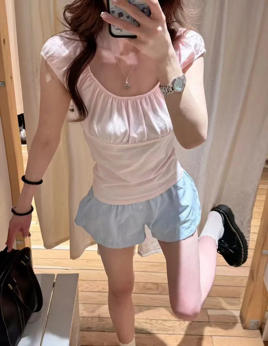 Cute Sle Brandy BM White Pleated ort Sve round Ne T-irt Women's Slim Fit Body ape Summer Trend Cotton Top
