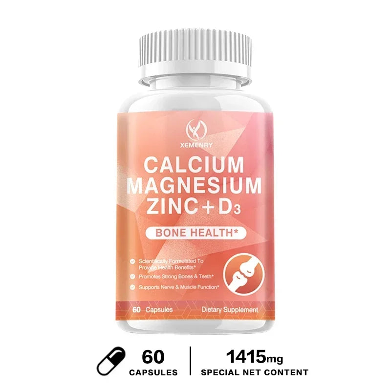 Calcium + Magnesium + Zinc + Vitamin D3 Capsules - Supports Bone and Nervous System Health and Improves Mood