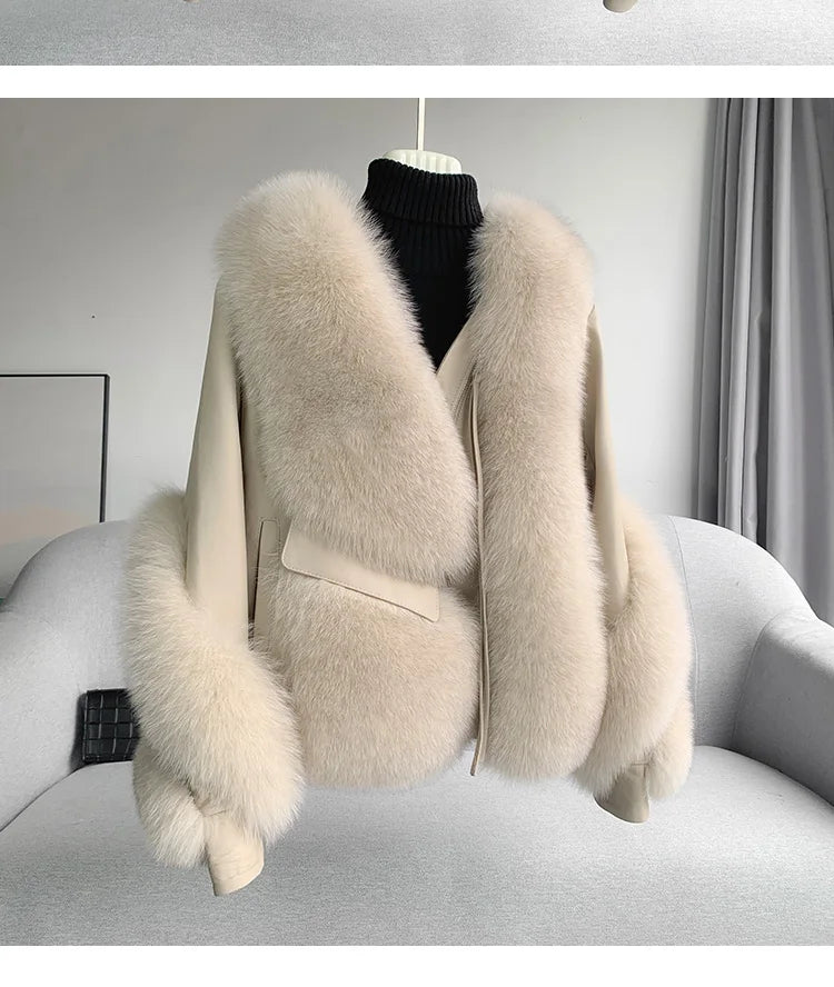 OFTBUY 2022 Real Fur Coat Winter Jacket Women Natural Fox Fur Genuine Leather Outerwear  Streetwear Locomotive Thick Warm New