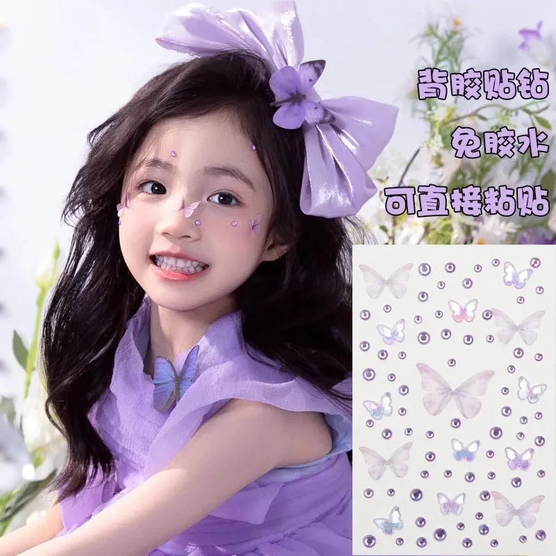 3D Cute Facial Stickers Kid Stage Makeup Self-Adhesive Butterfly Crystal Diamond Stickers Christmas Halloween Gift For Kids
