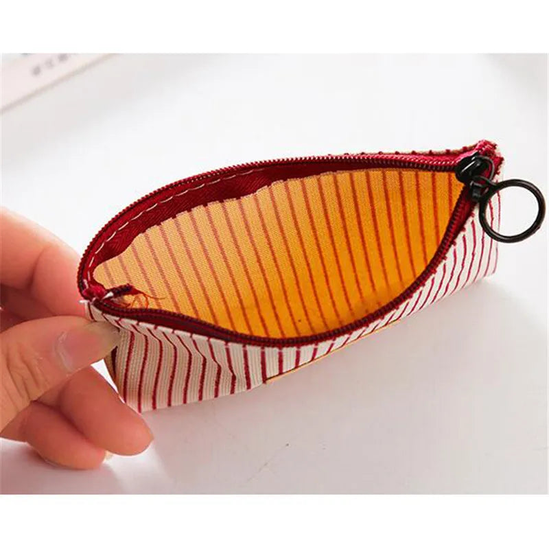 Cute Wallet Women Fabric Key Coin Purse Cartoon Square Mini Coin Pouch Letter Striped Print Zipper Canvas Bags for Girls