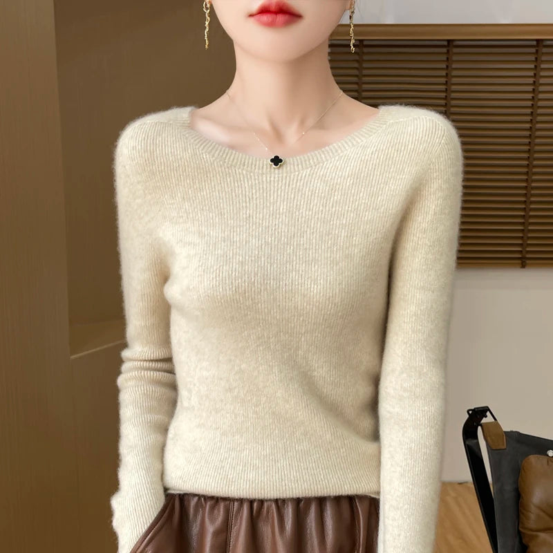 Early Fall New Crew-Neck Sweater Elegant High Elastic Simple Solid Color Thin Knit Crew-Neck Sweater Long Sleeve-GH458