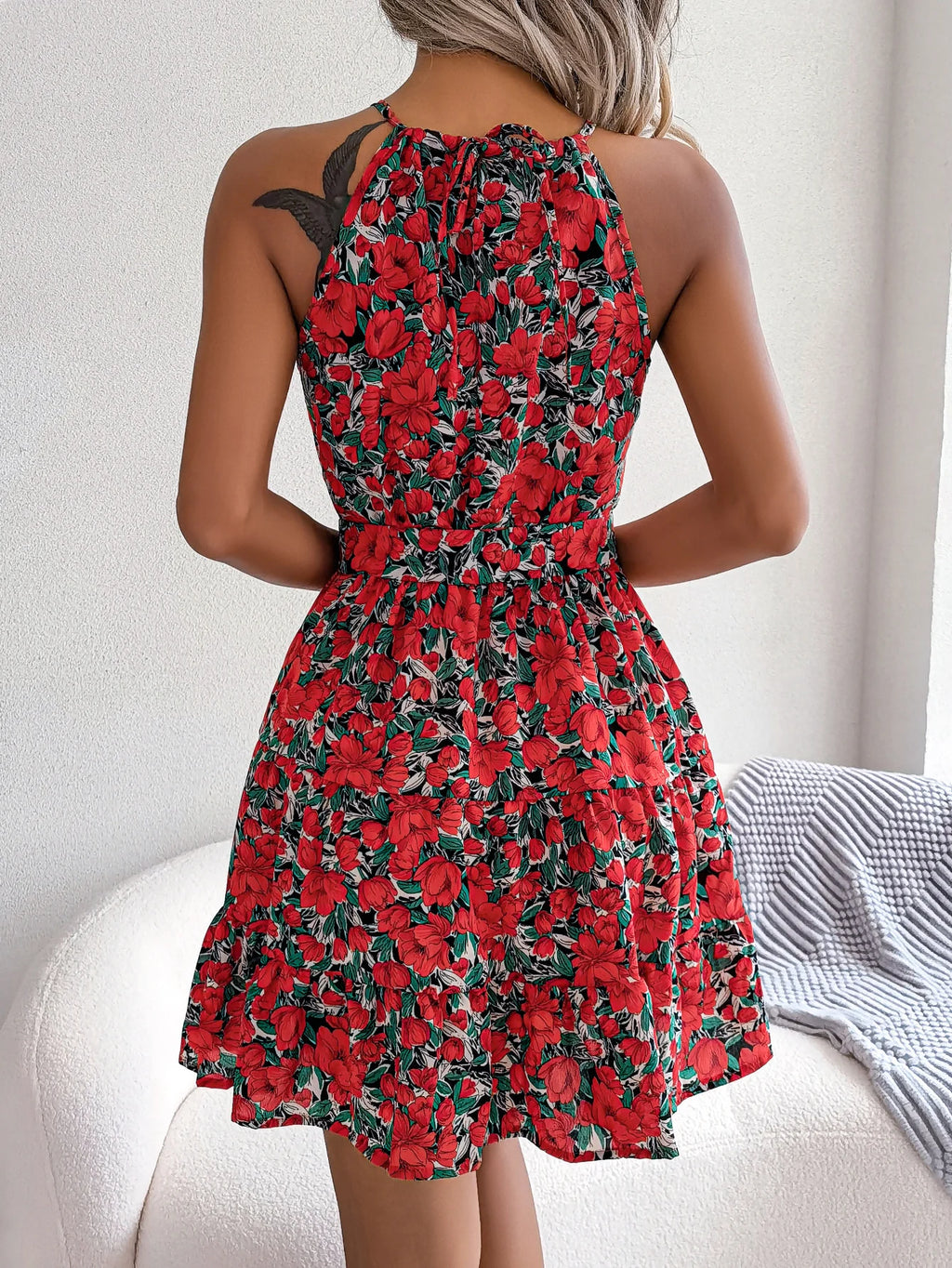 Casual Halter Ruffle Hem Sleeveless A-line Floral Print Dress For Women Summer