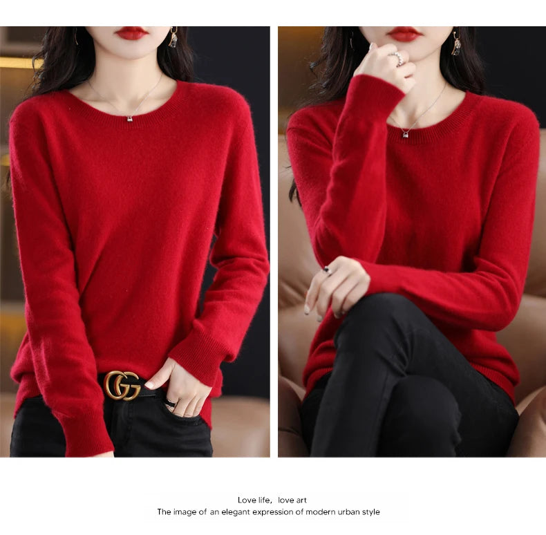 Women 100% Merino Wool Sweater O-Neck Long Sleeve Cashmere Knitwear Pullover Aliselect Fashion Autumn Winter Clothing Tops