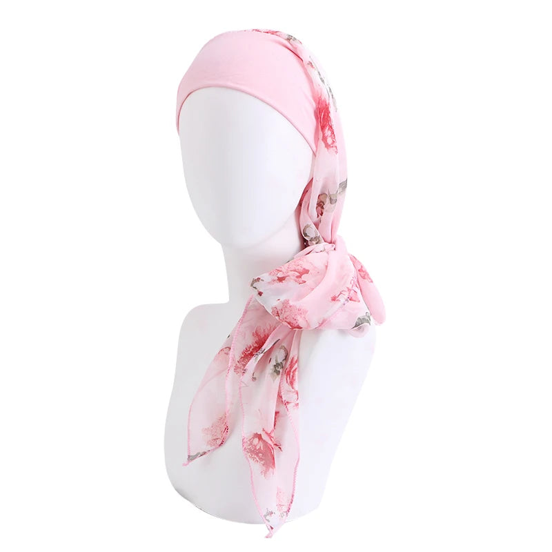 New Muslim Women Hijab Head Wrap Pre-Tied Headwear Cancer Chemo Flower Printed Elastic Turban Cover Hair Loss Head Scarf Bandana