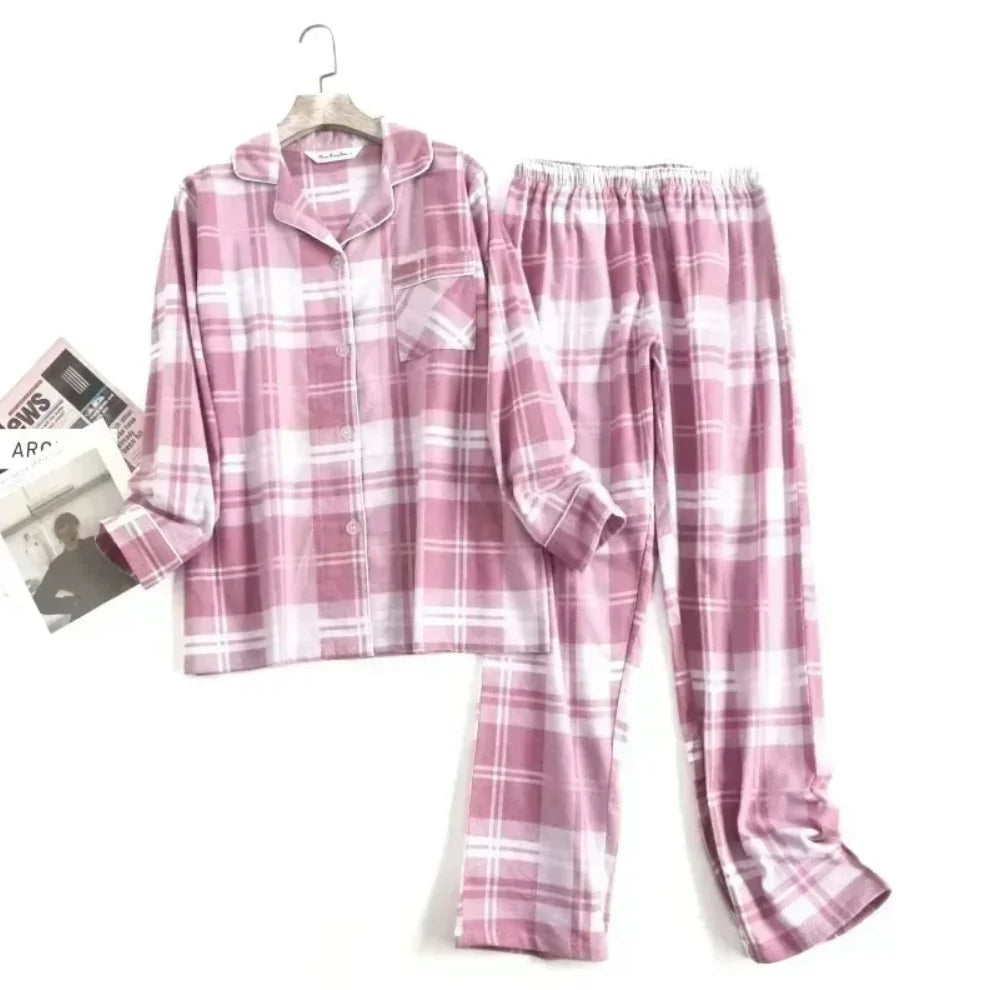 Cotton Flannel Women's Long Pants Pajamas Sets for Sleepwear Plaid Design Loose Autumn and Winter Long Sleeve Trouser Suits