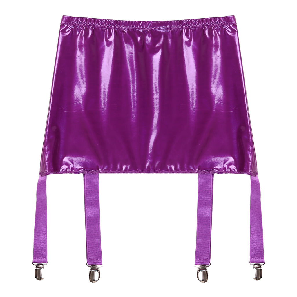 Sexy Damen Wetlook PVC Leder Rüschenröcke Party Low Waist Eingebaute Strings Minirock mit Strumpfhalter Metallclips Set Club