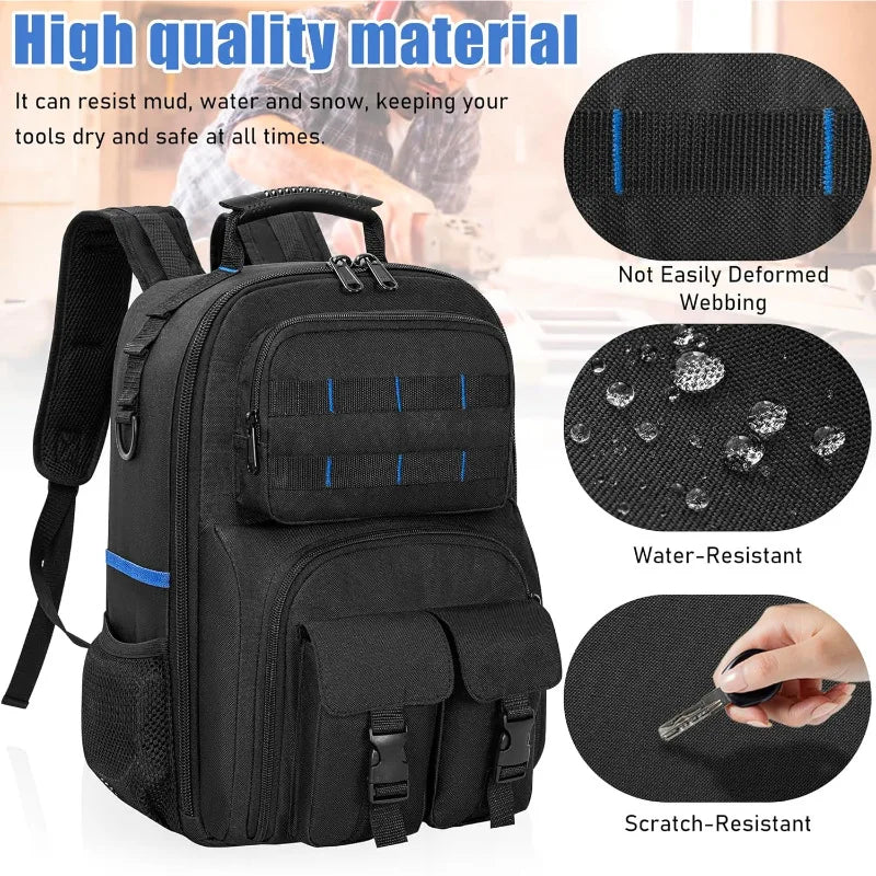 ‌Multifunctional Waterproof Tool Backpack with Padded Shoulder Straps Removable Organizer Pouch Electrician Plumber Work Bag